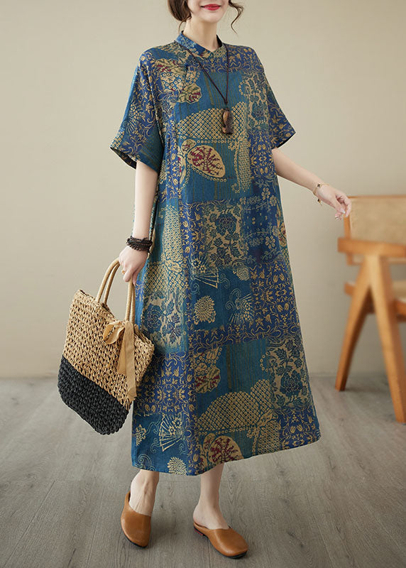 Chinese Style Blue Printed Patchwork Stand Collar Linen Dress Summer