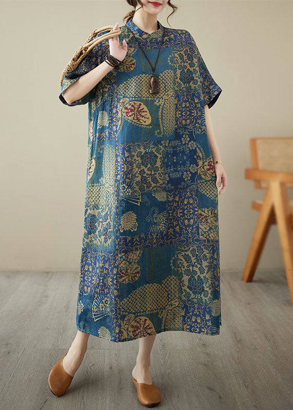 Chinese Style Blue Printed Patchwork Stand Collar Linen Dress Summer