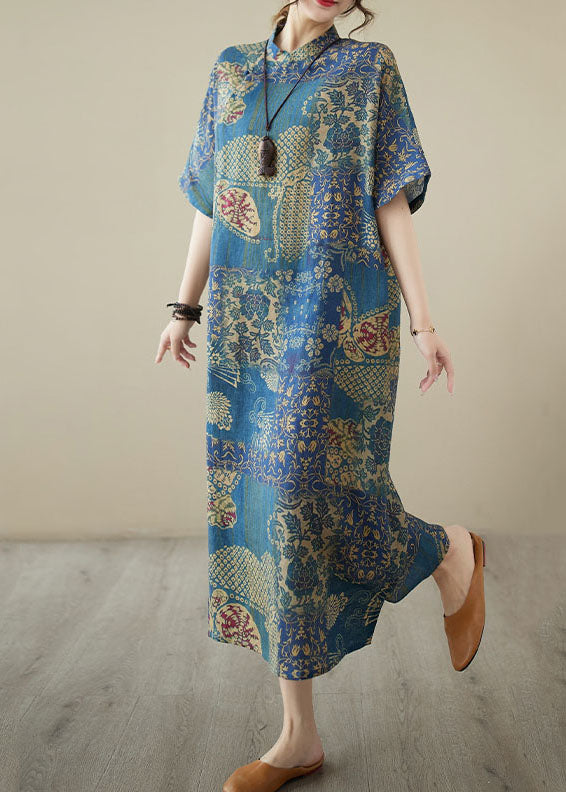 Chinese Style Blue Printed Patchwork Stand Collar Linen Dress Summer