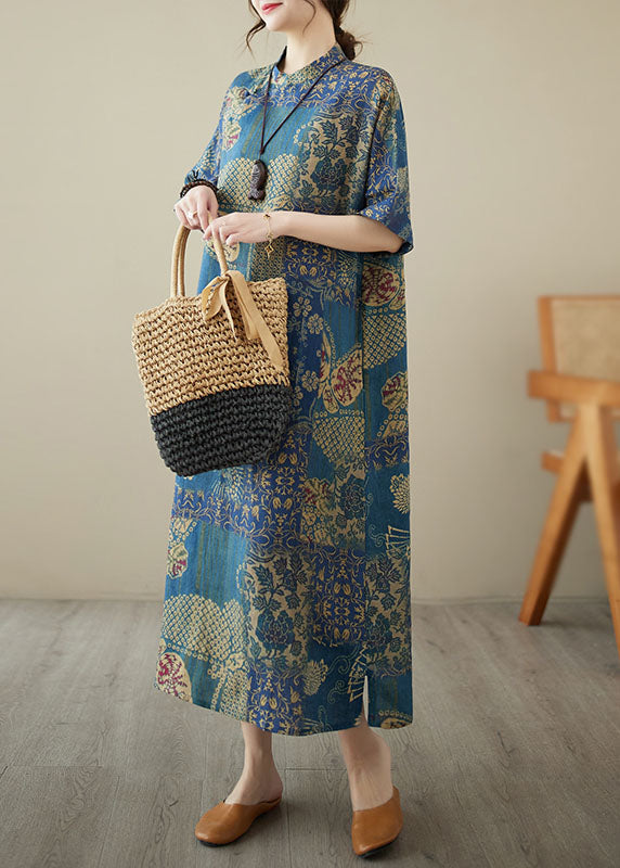 Chinese Style Blue Printed Patchwork Stand Collar Linen Dress Summer