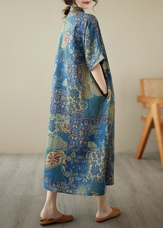 Chinese Style Blue Printed Patchwork Stand Collar Linen Dress Summer