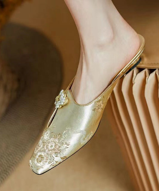 Chinese Style Gold Satin Jacquard Slide Sandals