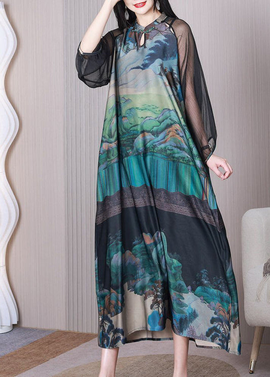 Green mandarin collar print hollow silk Chinese style dress summer