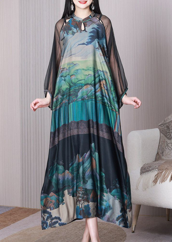 Green mandarin collar print hollow silk Chinese style dress summer