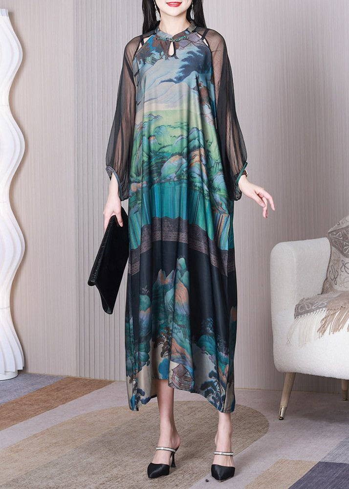 Green mandarin collar print hollow silk Chinese style dress summer