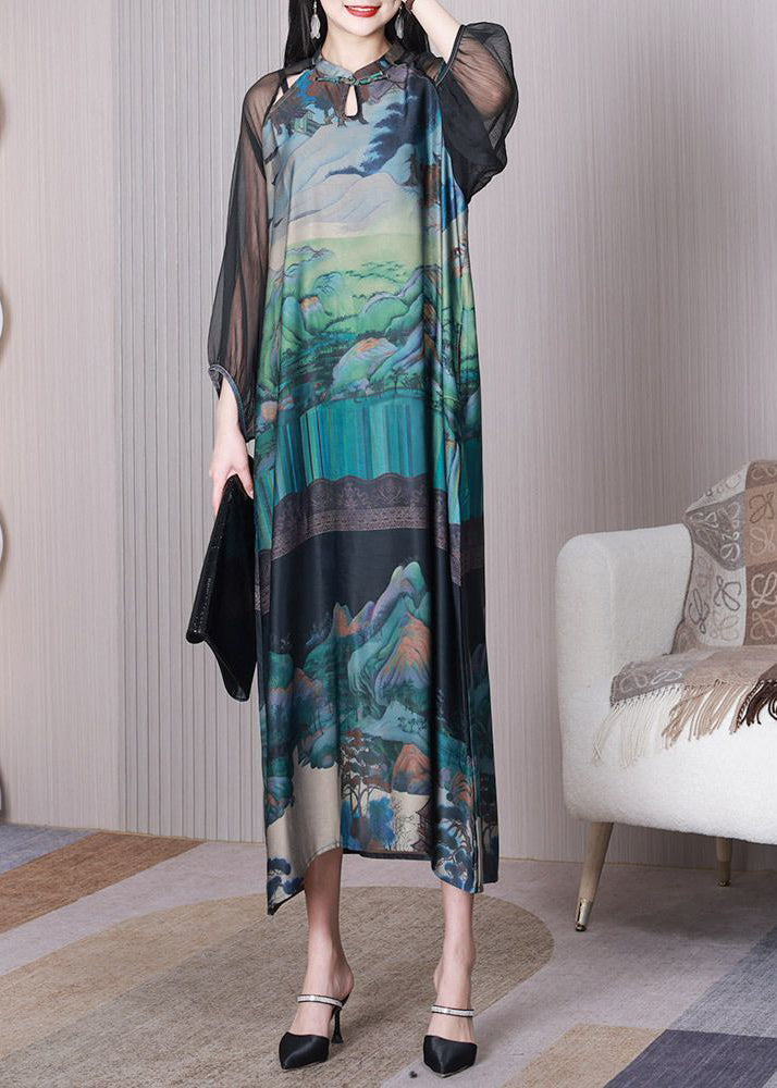 Green mandarin collar print hollow silk Chinese style dress summer