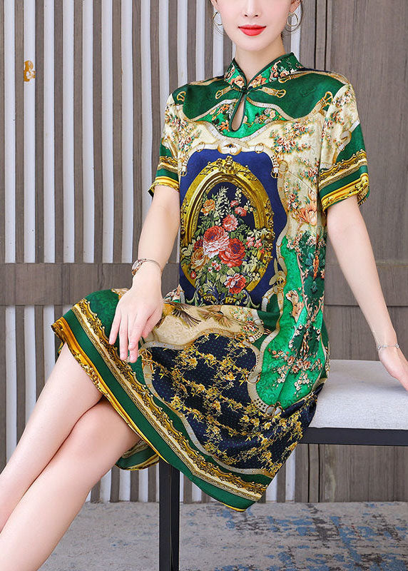 Chinese style printed mandarin collar silk A-line green dress summer