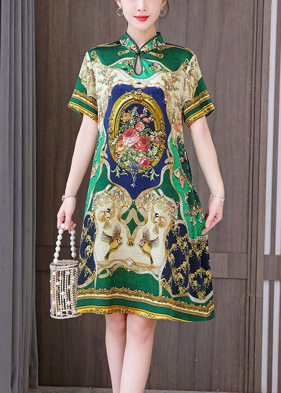 Chinese style printed mandarin collar silk A-line green dress summer