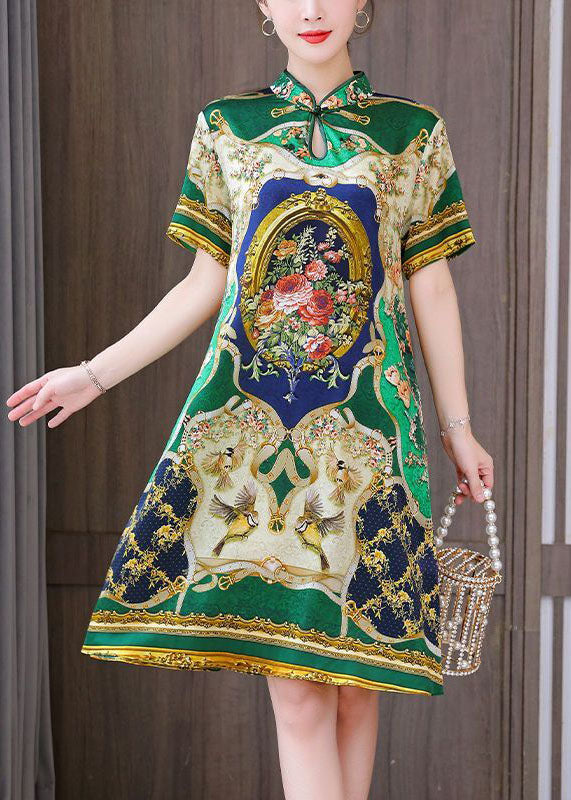 Chinese style printed mandarin collar silk A-line green dress summer