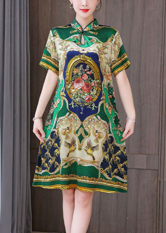 Chinese style printed mandarin collar silk A-line green dress summer