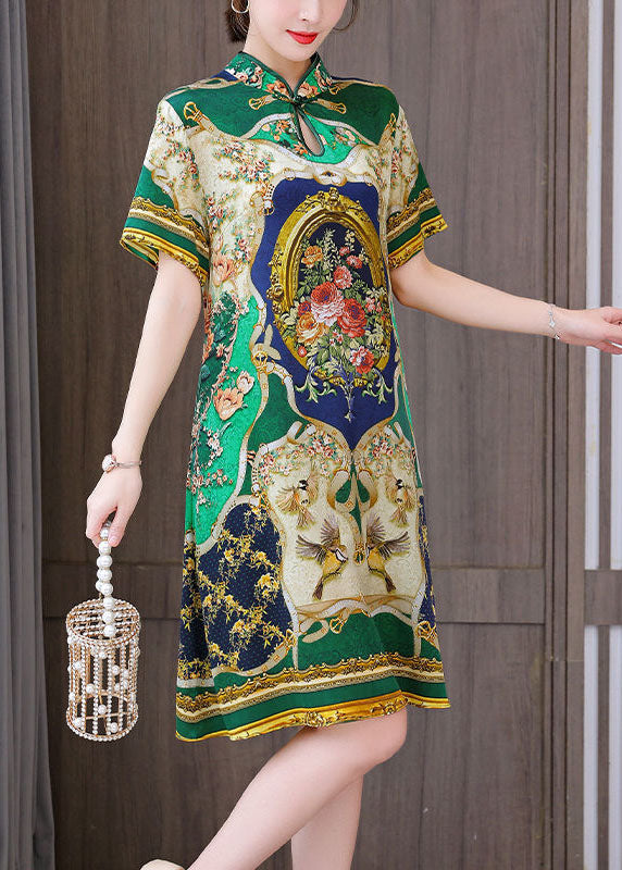 Chinese style printed mandarin collar silk A-line green dress summer