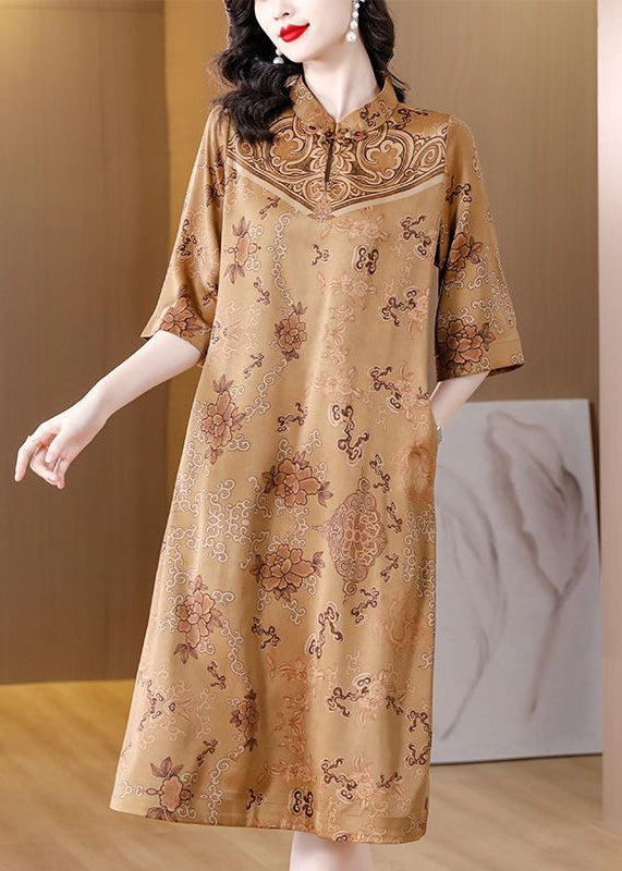 Khaki Stand Collar Chinese Button Print Silk Chinese Half Sleeve Dress