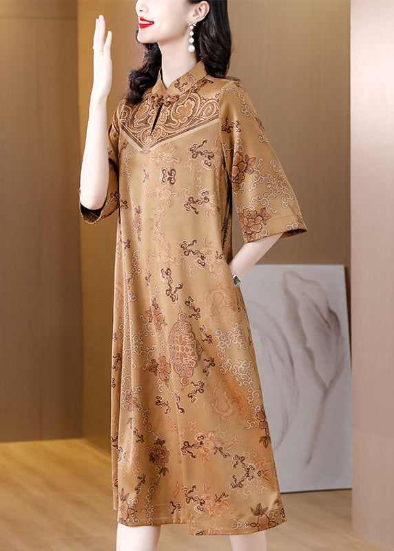 Khaki Stand Collar Chinese Button Print Silk Chinese Half Sleeve Dress