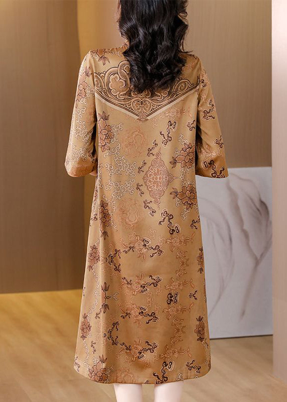 Khaki Stand Collar Chinese Button Print Silk Chinese Half Sleeve Dress