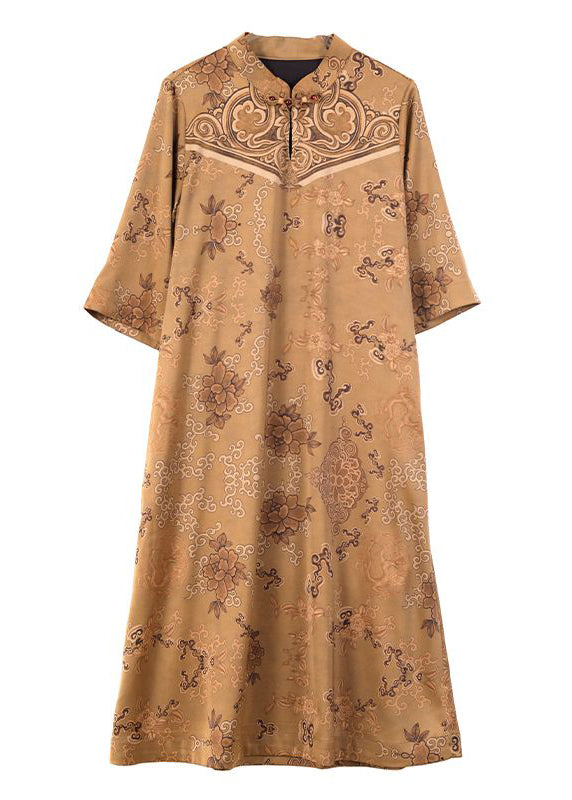 Khaki Stand Collar Chinese Button Print Silk Chinese Half Sleeve Dress