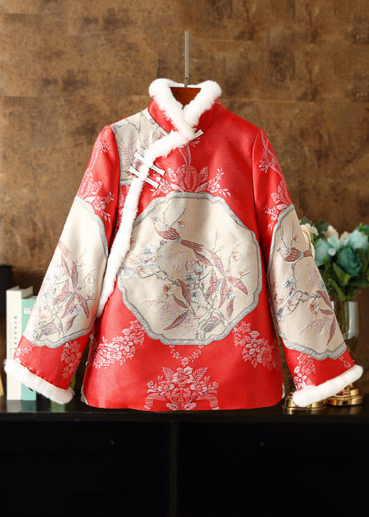 Chinese Style Red Fur Collar Embroideried Patchwork Parka Winter