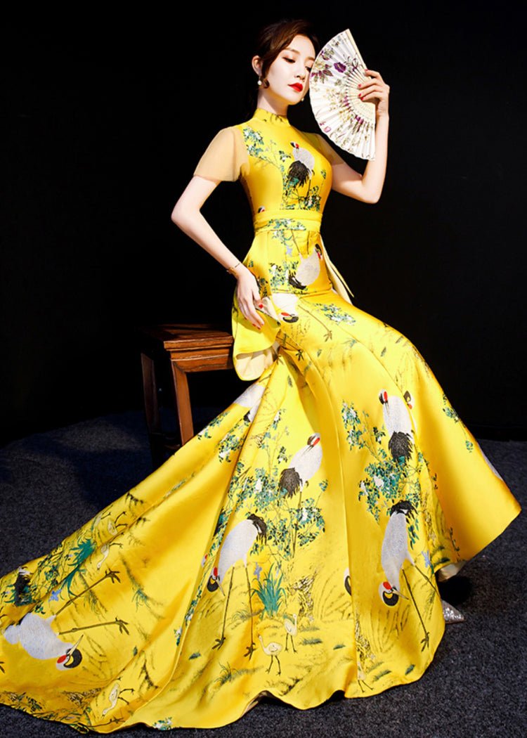 Chinese Style Yellow Embroideried Wrinkled Patchwork Silk Vacation Dresses Summer