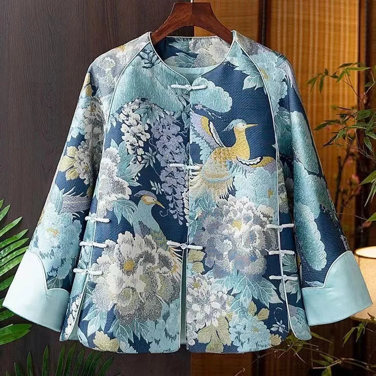 Chinese Style Blue Embroidered Oriental Button Spliced Silk Coat Autumn