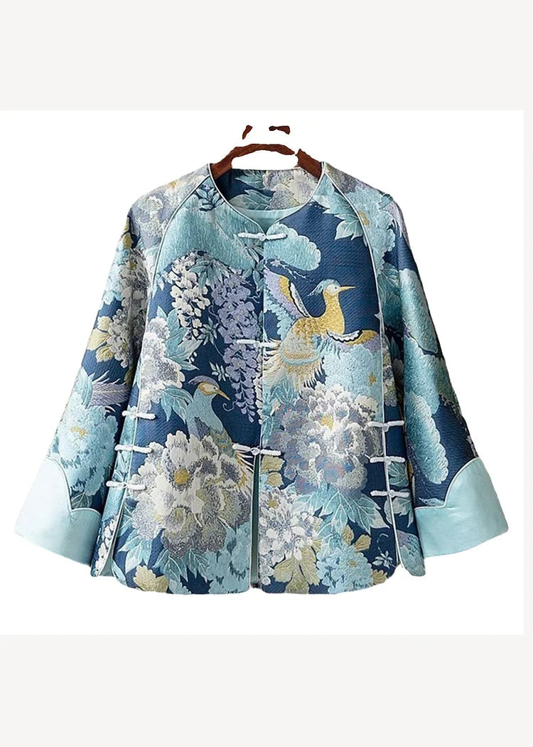 Chinese Style Blue Embroidered Oriental Button Spliced Silk Coat Autumn