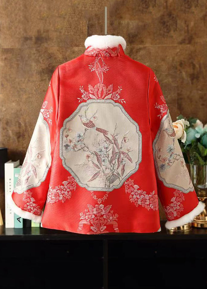 Chinese Style Red Fur Collar Embroideried Patchwork Parka Winter