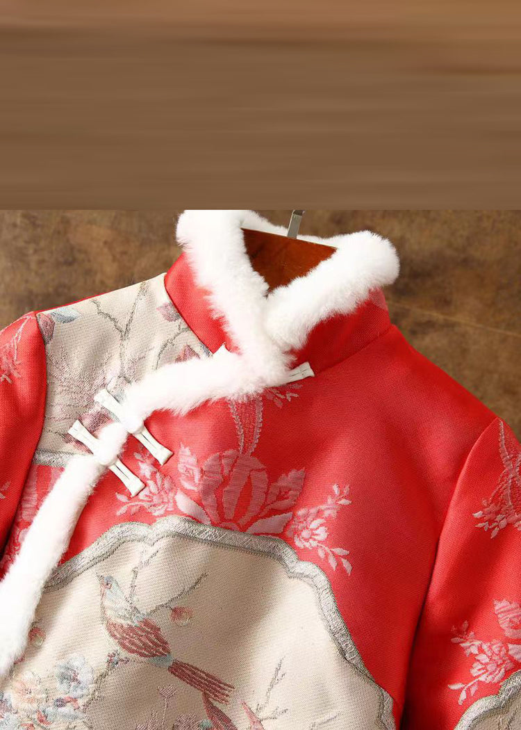 Chinese Style Red Fur Collar Embroideried Patchwork Parka Winter