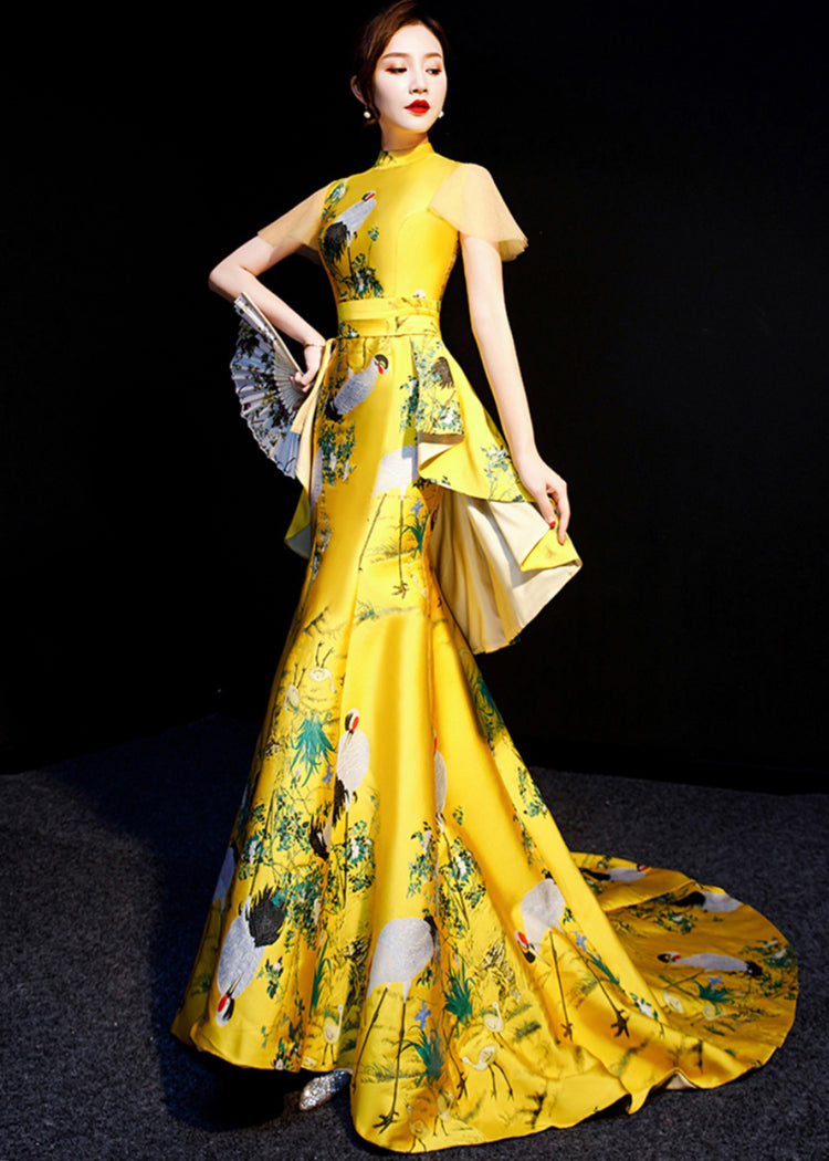 Chinese Style Yellow Embroideried Wrinkled Patchwork Silk Vacation Dresses Summer