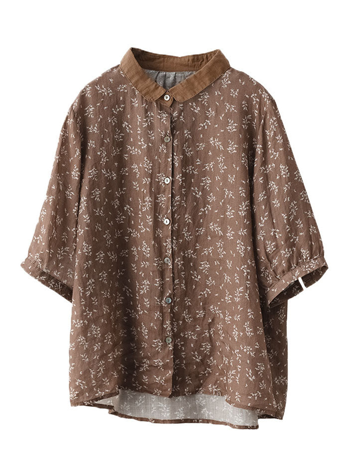 Chocolate Linen Shirt Top Button Peter Pan Collar Half Sleeve