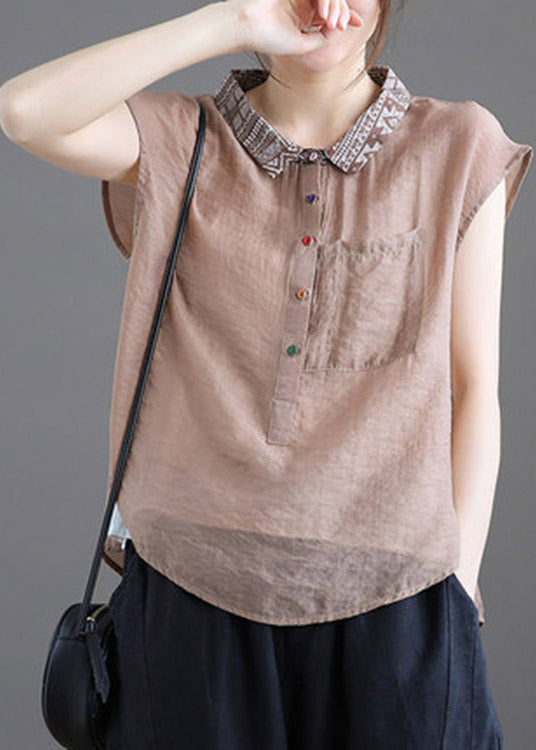 Chocolate Peter Pan Collar Low High Design Linen Short Sleeve