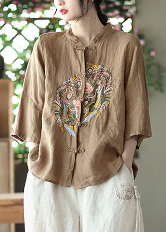 Chocolate Stand Collar Button Linen Shirts Long Sleeve