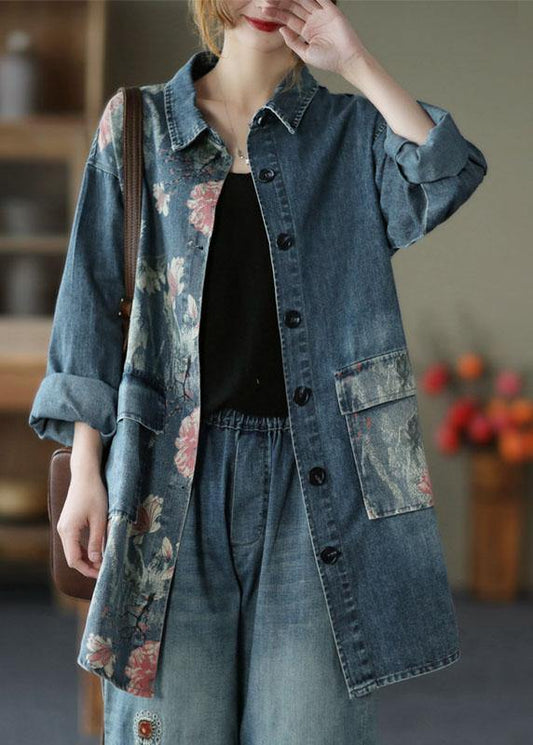 Classy Big Flower Print Patchwork Blouse Tops Denim Jacket