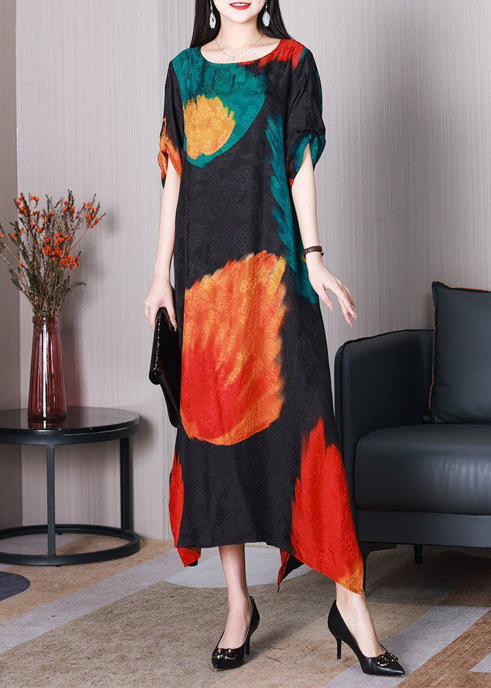 Elegant Black Printed Silk Asymmetric Robe Summer Dresses