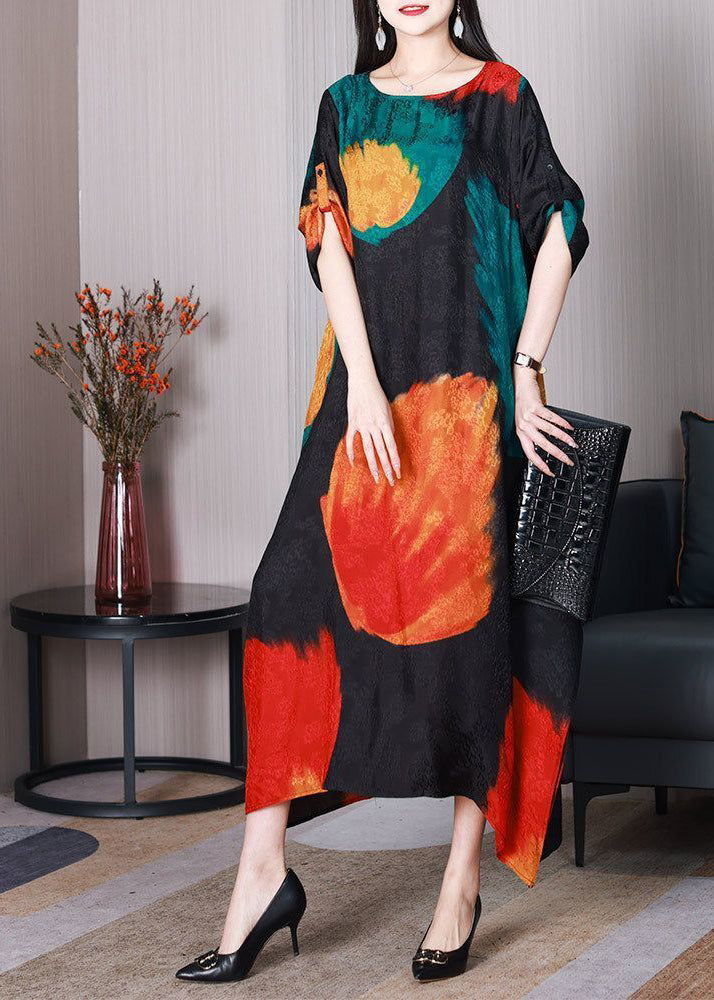 Elegant Black Printed Silk Asymmetric Robe Summer Dresses