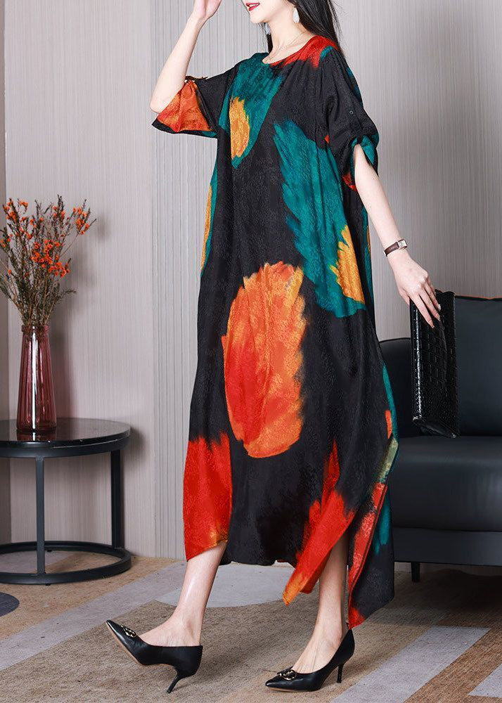 Elegant Black Printed Silk Asymmetric Robe Summer Dresses