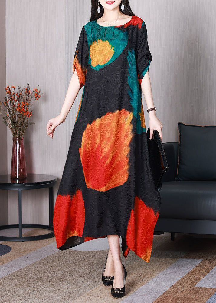 Elegant Black Printed Silk Asymmetric Robe Summer Dresses