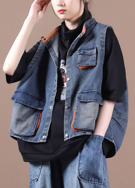 Elegant Button Pocket Patchwork Autumn Blue Denim Vest