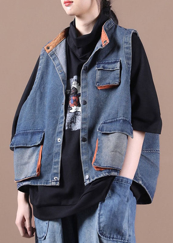 Elegant Button Pocket Patchwork Autumn Blue Denim Vest