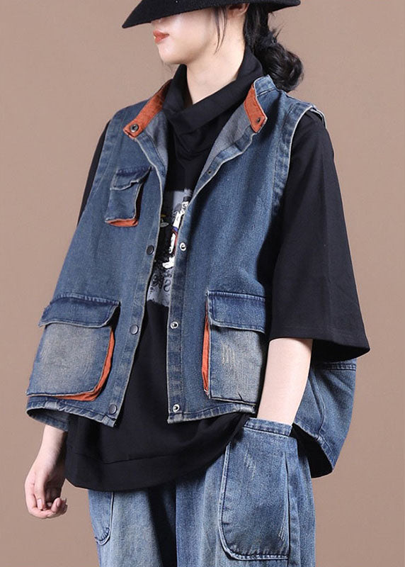 Elegant Button Pocket Patchwork Autumn Blue Denim Vest