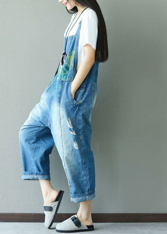 Classic print ripped denim blue jumpsuit spring