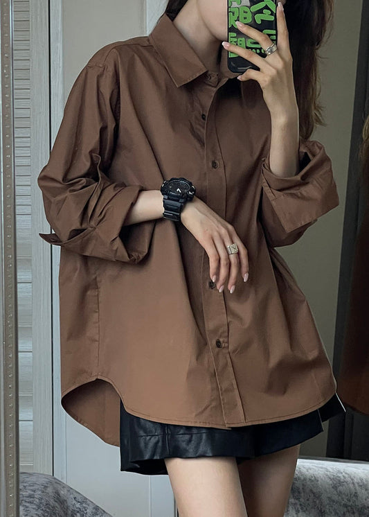 Classy Brown Peter Pan Collar Button Shirts Fall