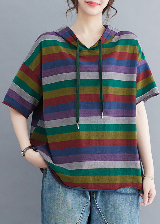 Elegant Color Block Hooded Striped Cotton Pullover Streetwear Summer