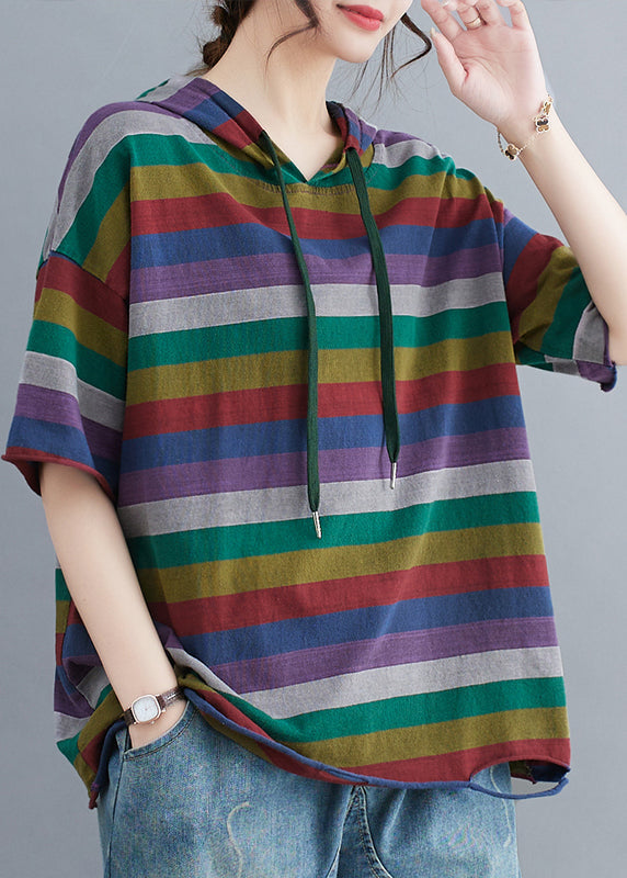 Elegant Color Block Hooded Striped Cotton Pullover Streetwear Summer