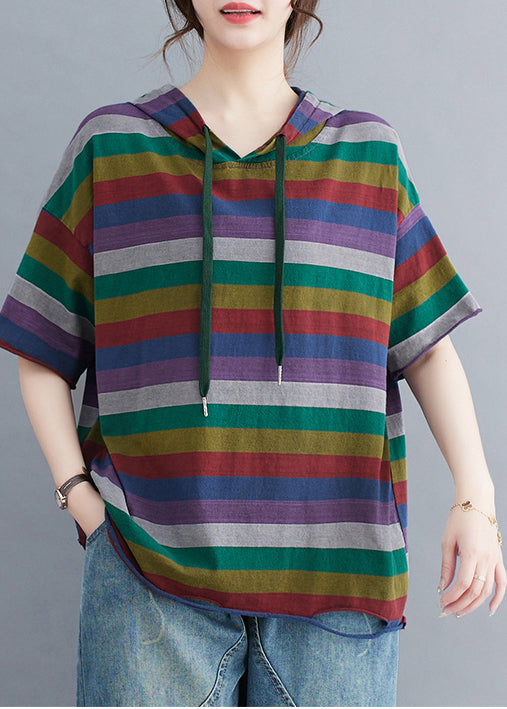 Elegant Color Block Hooded Striped Cotton Pullover Streetwear Summer