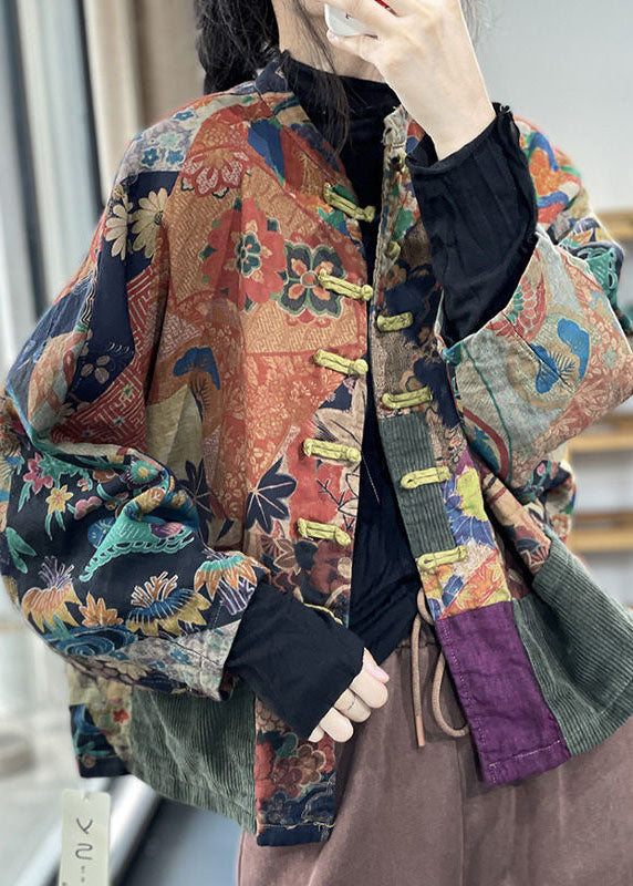Elegant color-block printed patchwork cotton-filled dolman sleeve coat