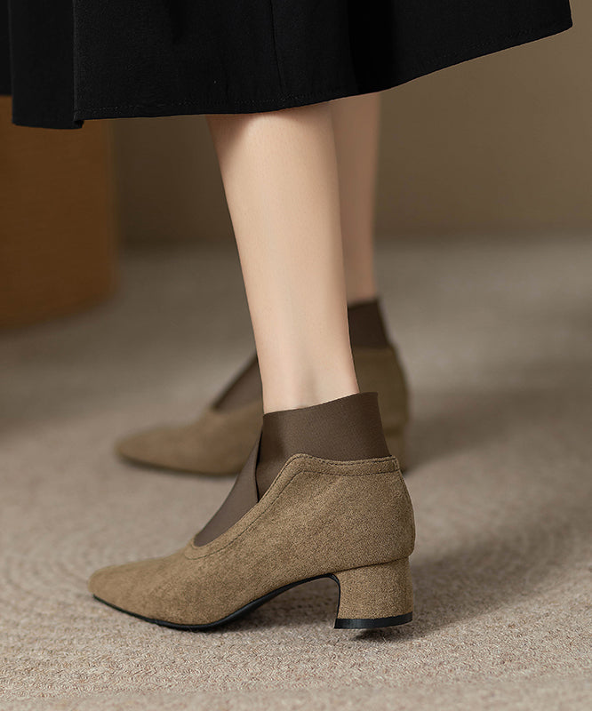 Classy Khaki Suede Splicing Ankle Boots Pointed Toe