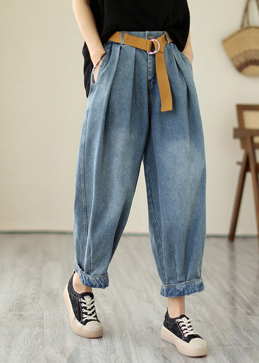 Classic Light Blue Loose Wrinkled Harem Denim Pants Summer