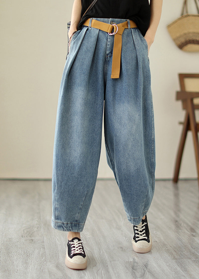 Classic Light Blue Loose Wrinkled Harem Denim Pants Summer