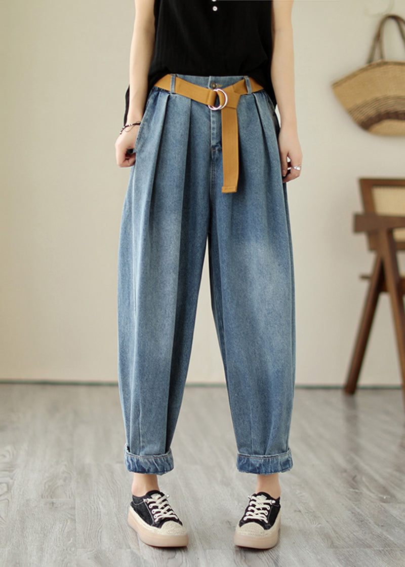 Classic Light Blue Loose Wrinkled Harem Denim Pants Summer