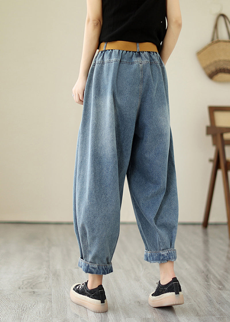 Classic Light Blue Loose Wrinkled Harem Denim Pants Summer