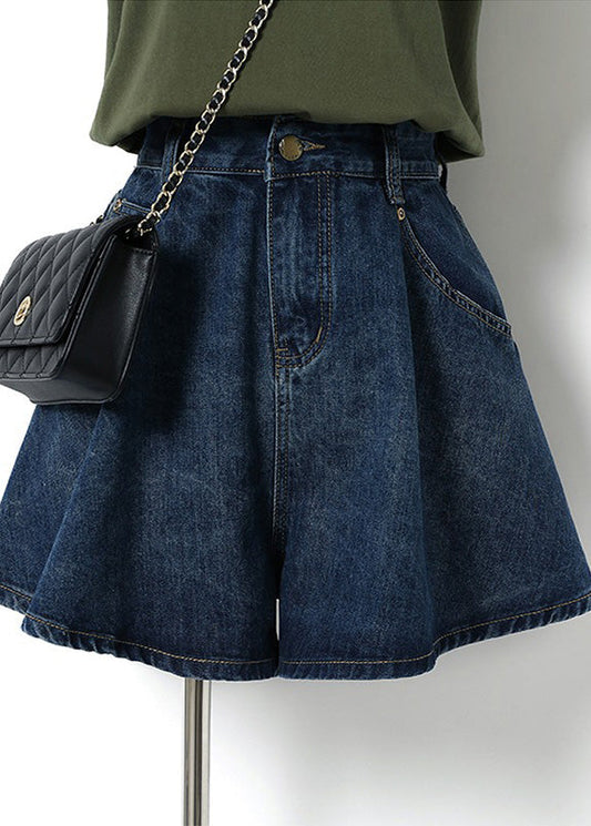 Classic Navy High Rise Button Pockets Patchwork Denim Shorts