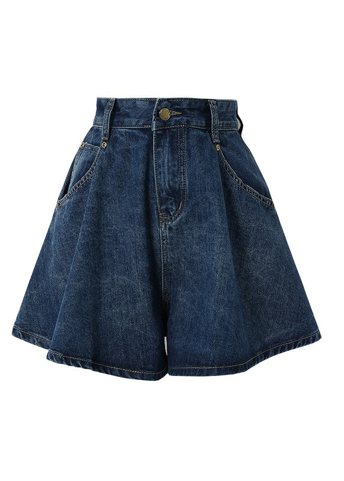 Classic Navy High Rise Button Pockets Patchwork Denim Shorts